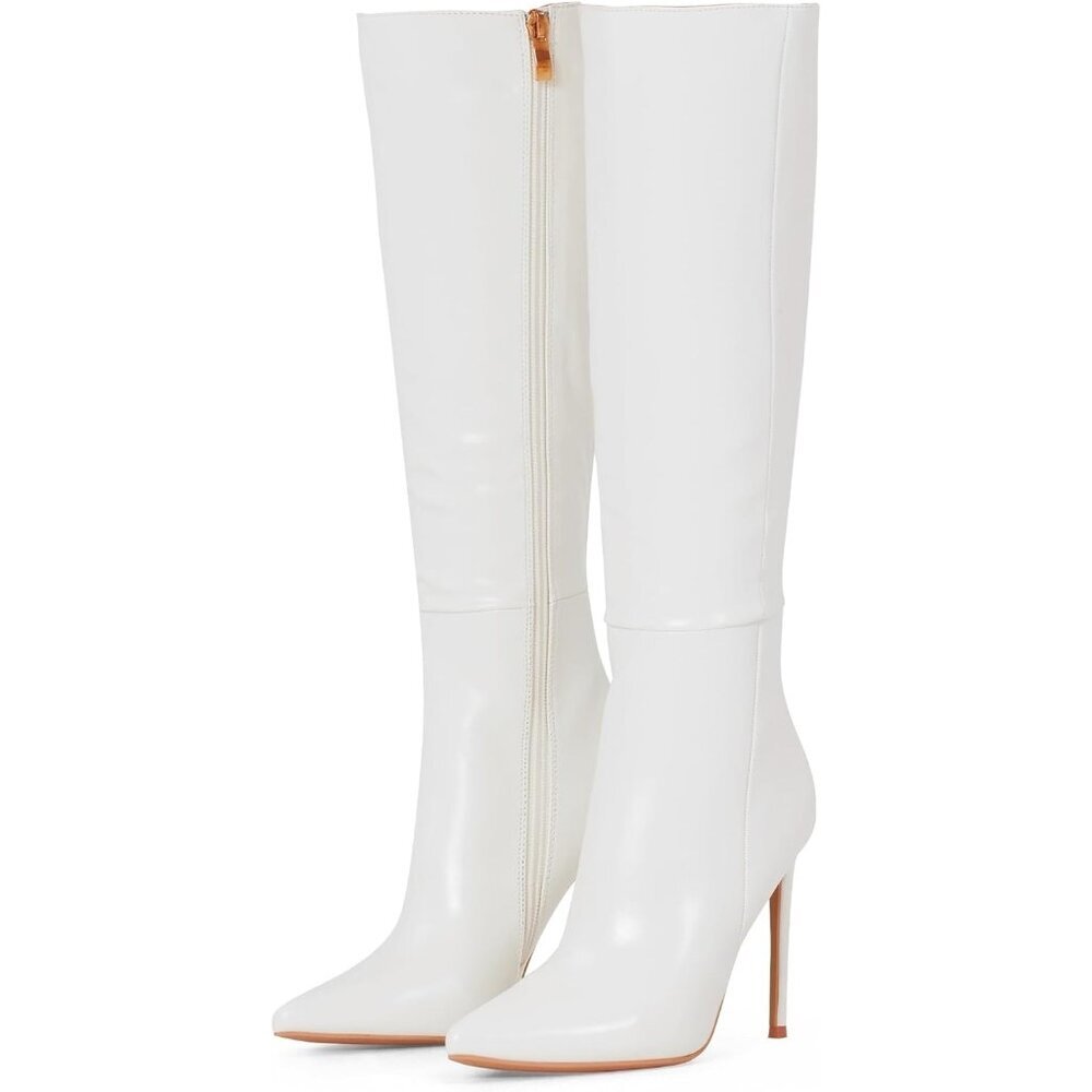 Women's White Leather Suede Knee High Stiletto Tall Pointed Toe Stylish Boot